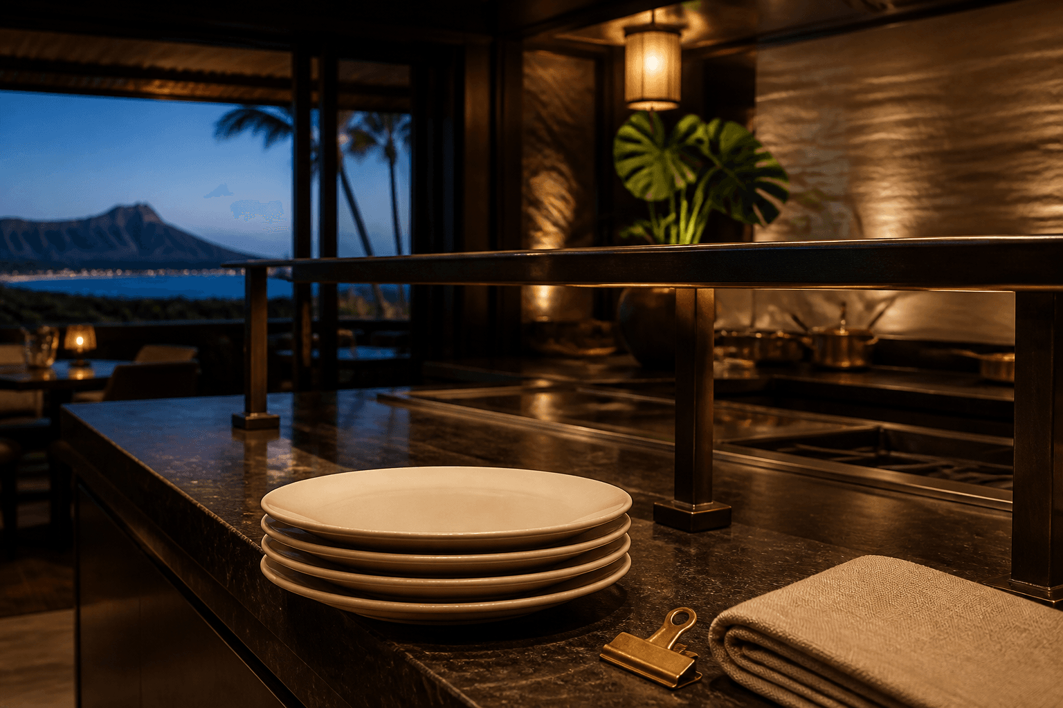 Four unused ivory plates stacked on a Kahala kitchen pass at dusk, brass clip, Diamond Head faint.