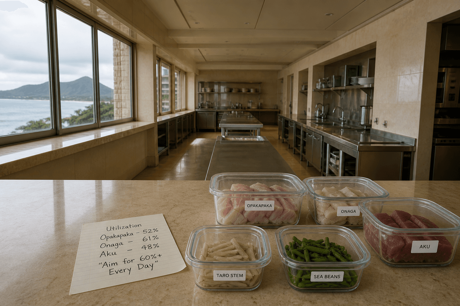 An unused Kahala prep kitchen — labeled containers, Diamond Head faint, no standing SKU.