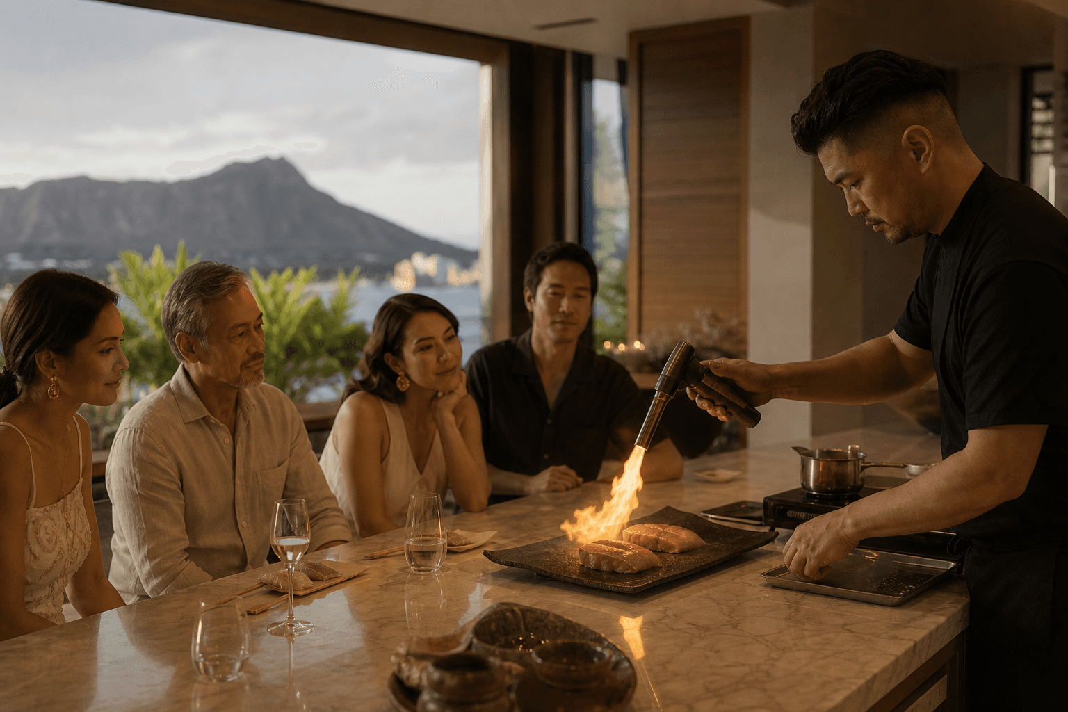 Tasting plates on a Kahala kitchen island — guests at the counter, Diamond Head faint.