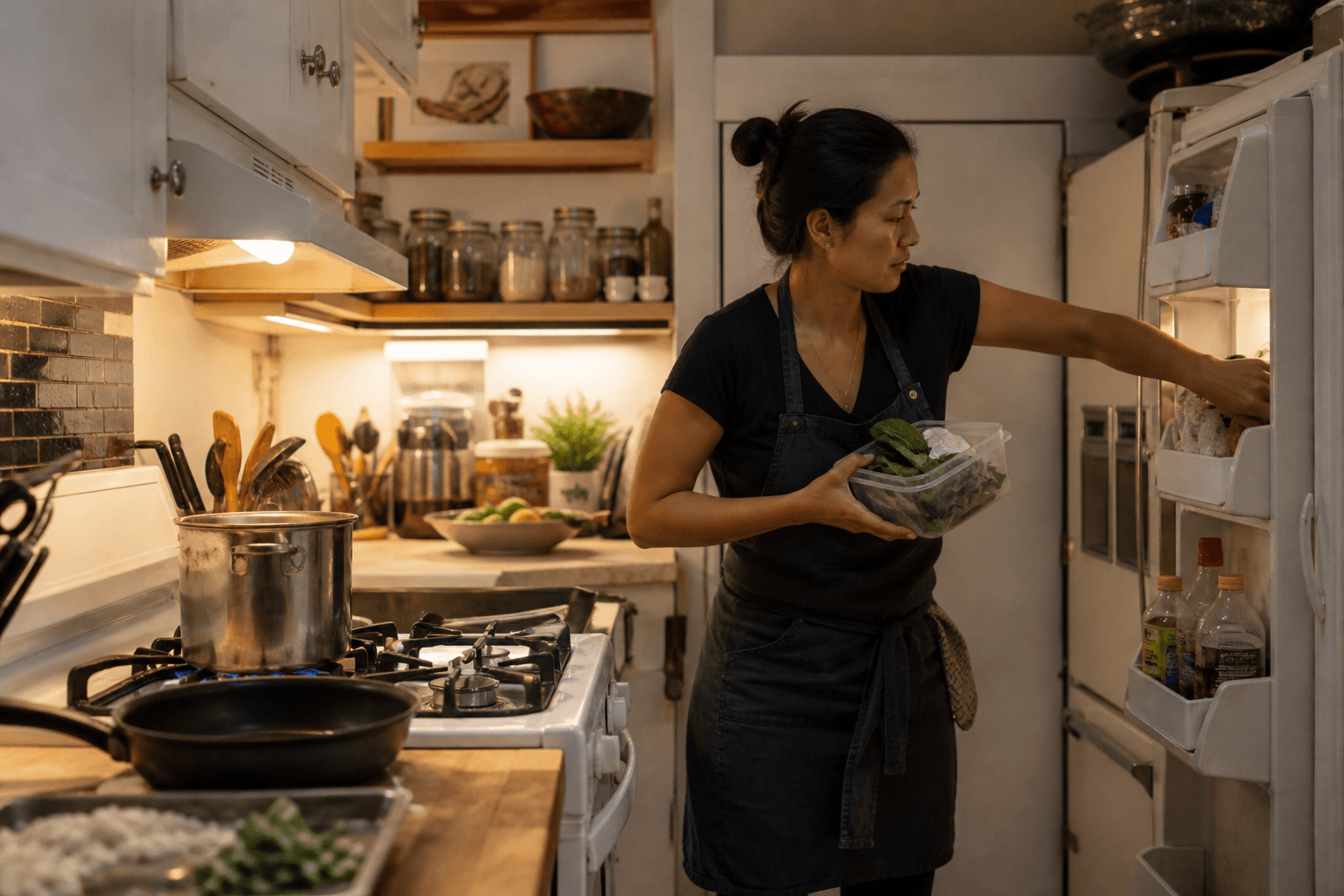 A Honolulu household kitchen on a school night — a used fridge, a real stove, not a villa one-off.