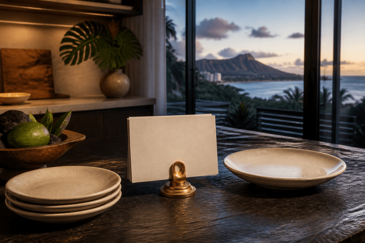 Blank cream ledger cards and a brass clip on a Kahala kitchen counter at dusk, unused ivory plates, Diamond Head faint.