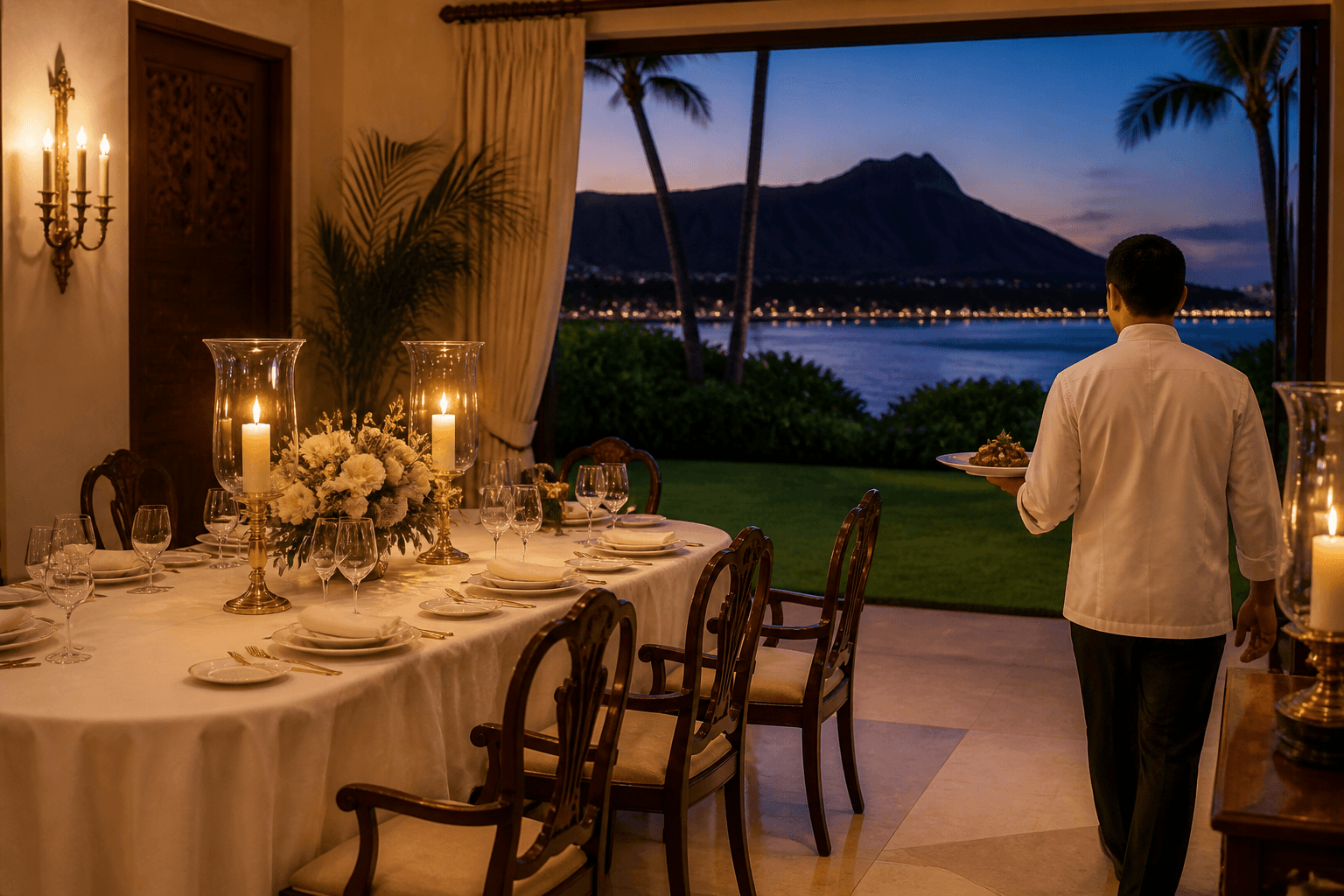 A Diamond Head residence dining room at dusk — one volcanic cone through the sliders, plated ahi.