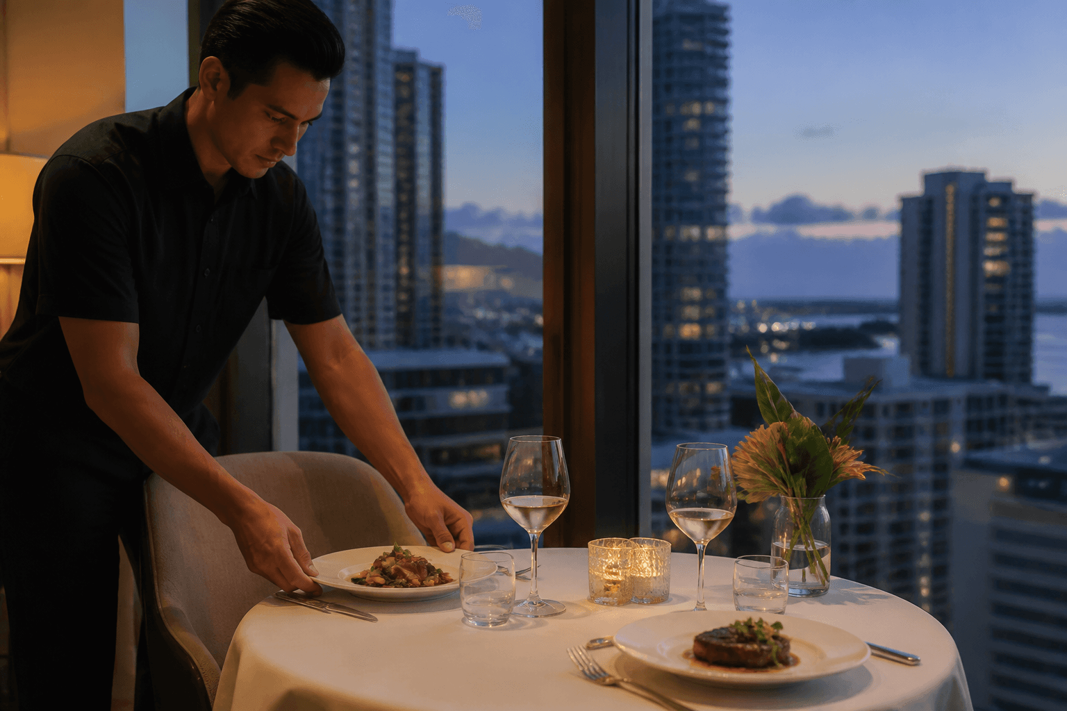 A downtown Honolulu pied-à-terre table — small dining room, loading dock light, plated fish for six.