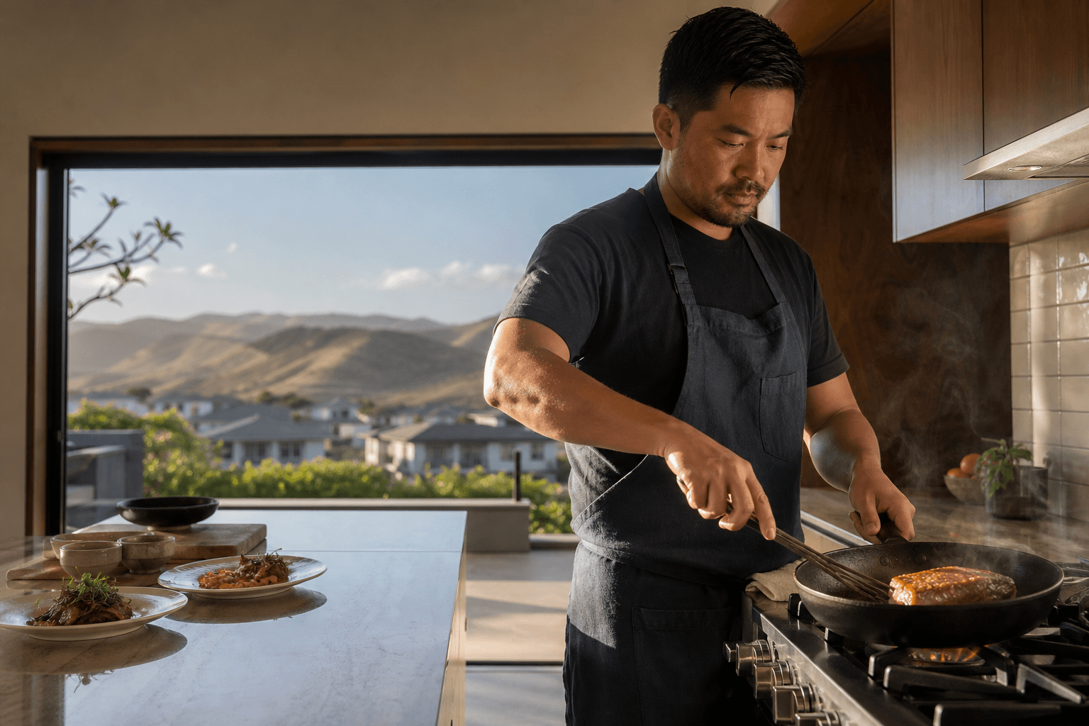 An ʻEwa residential kitchen at west light — leeward household plates, Ko Olina lagoon faint beyond.