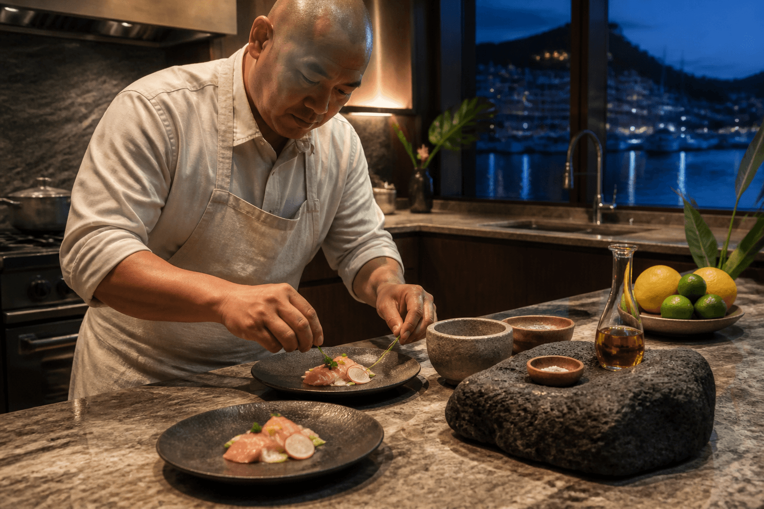 An East Honolulu Hawaiʻi Kai kitchen looking over the marina — household plates, resident evening.
