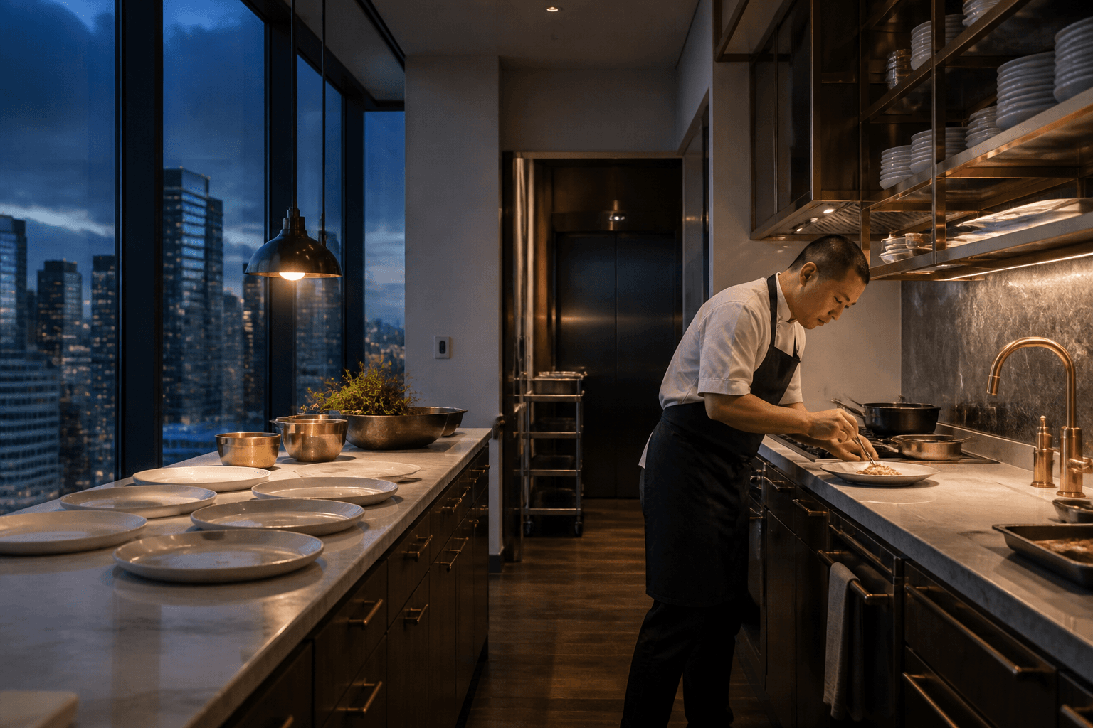 A compact Kakaʻako tower kitchen — chef at a small range, city lights, unused ivory plates stacked.