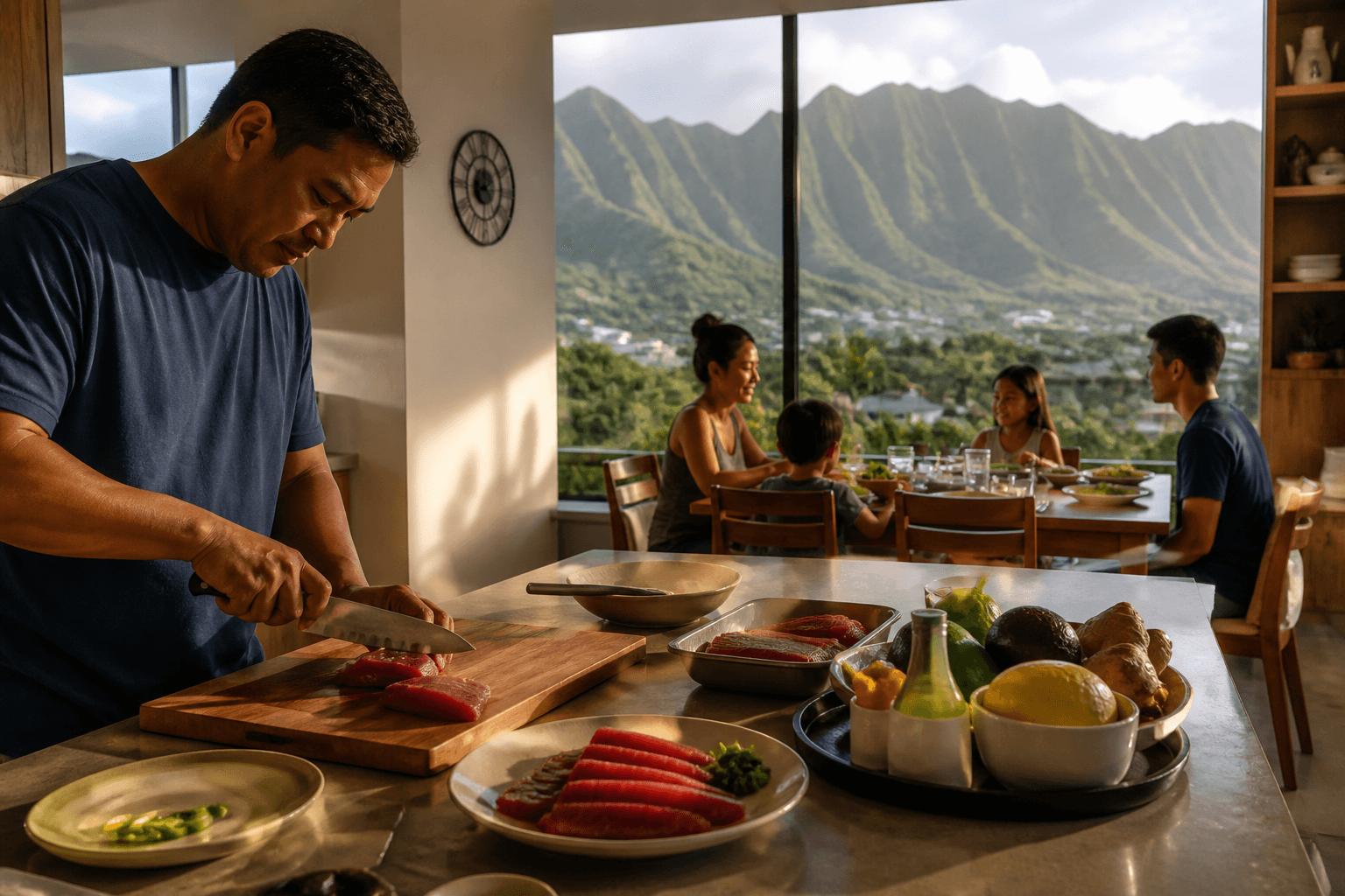 A Kāneʻohe household table under Koʻolau cliffs at dusk — quieter windward town, plated catch.