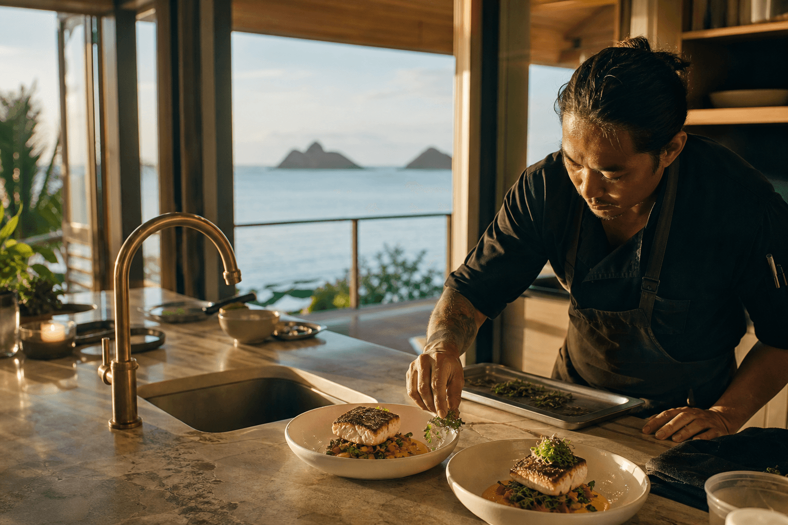 A quieter Lanikai beach-house table at dusk — plated fish, Mokulua islets across the channel.