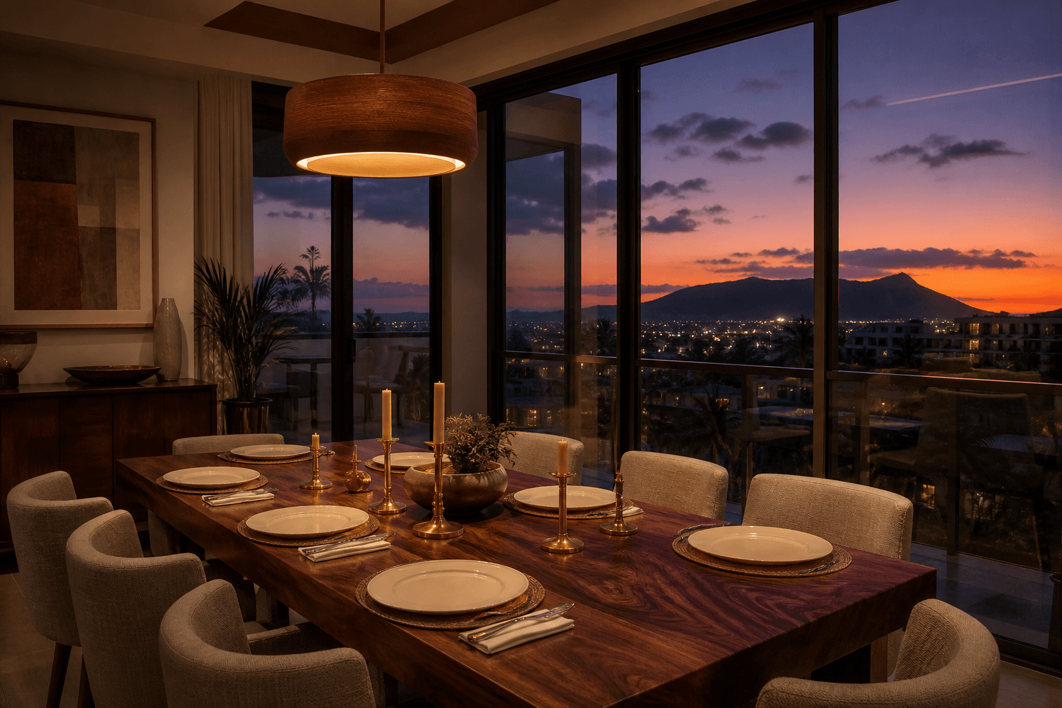 A Diamond Head-adjacent dining room at dusk, empty ivory plates, unlit brass candleholders.