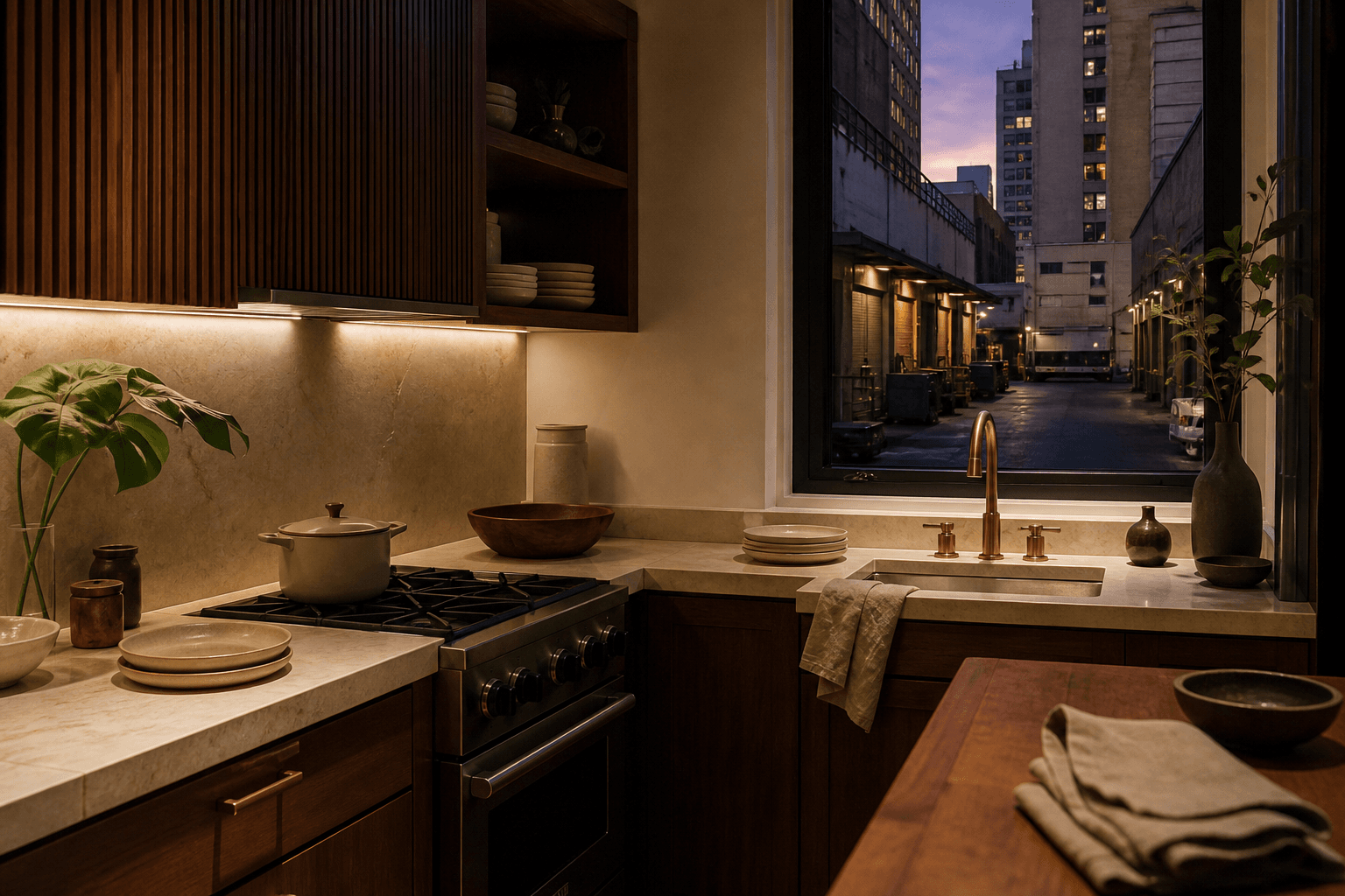 A Downtown Honolulu pied-à-terre kitchen at dusk, unused ivory plates, city loading alley.