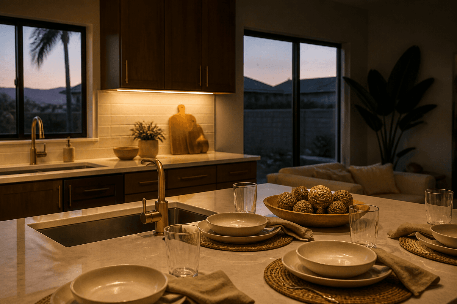 An ʻEwa leeward household kitchen at dusk, unused ivory plates, west-side residential.