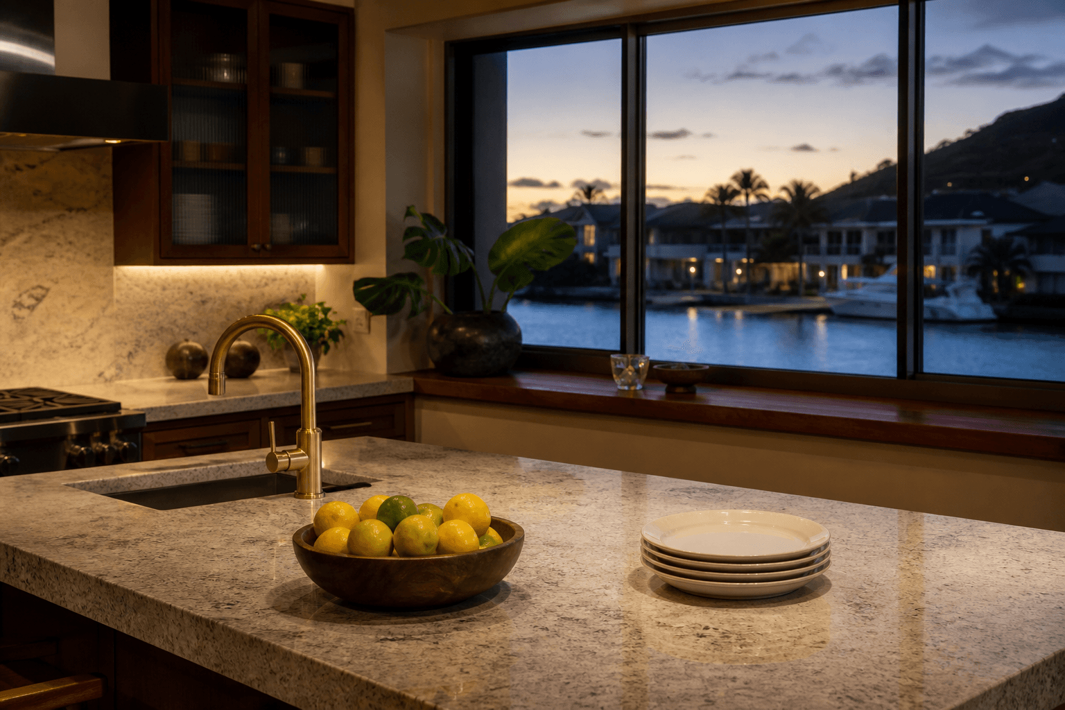 An East Honolulu household kitchen island at dusk, unused ivory plates, unmarked citrus.