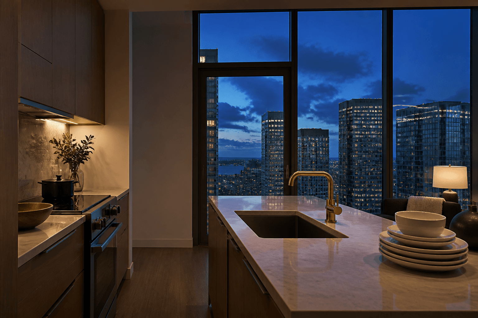 A compact Kakaʻako tower-residence range at blue hour, unused ivory plates, city lights.