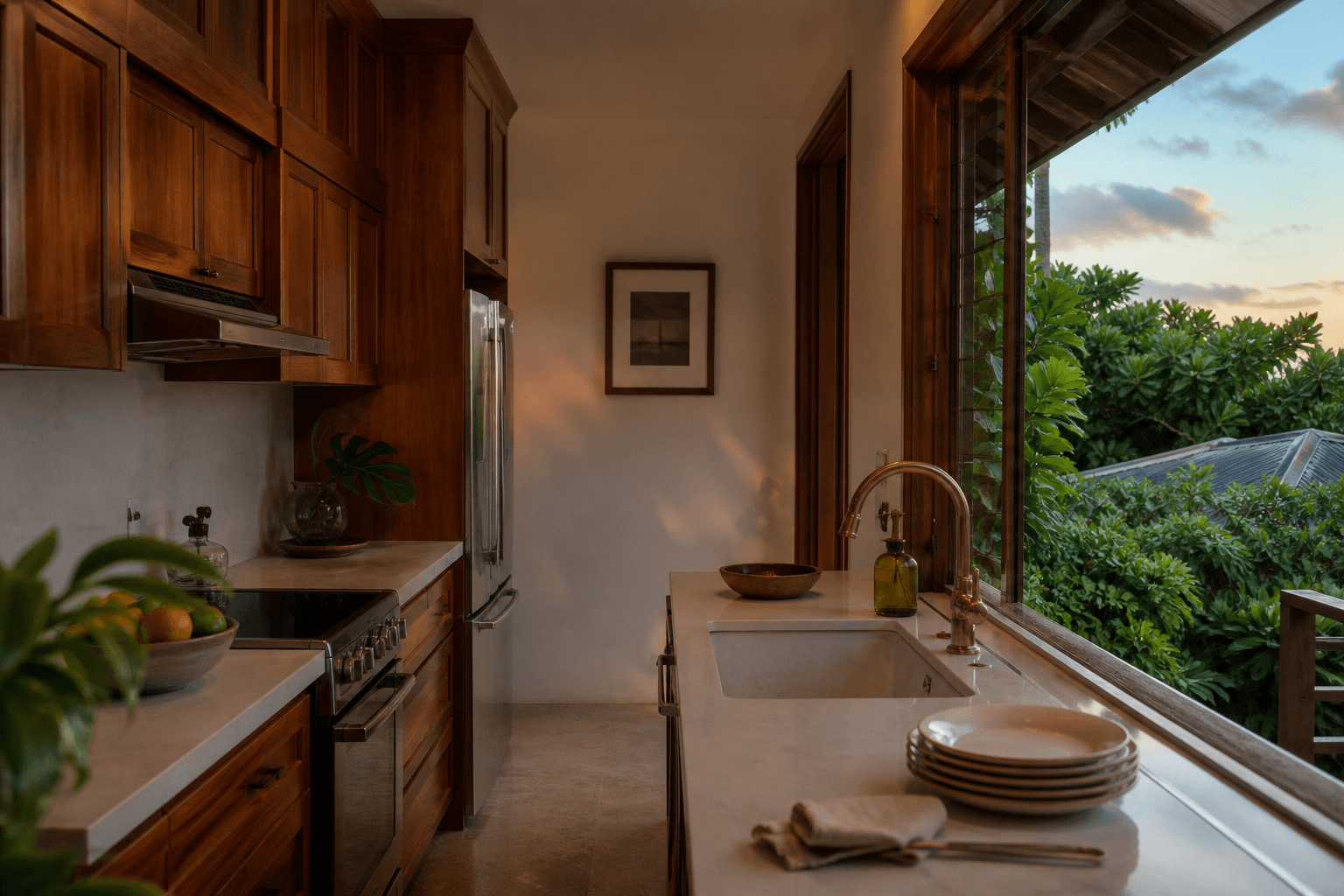 A compact Lanikai beach-house galley at dusk, unused ivory plates, moss-green foliage through a window.
