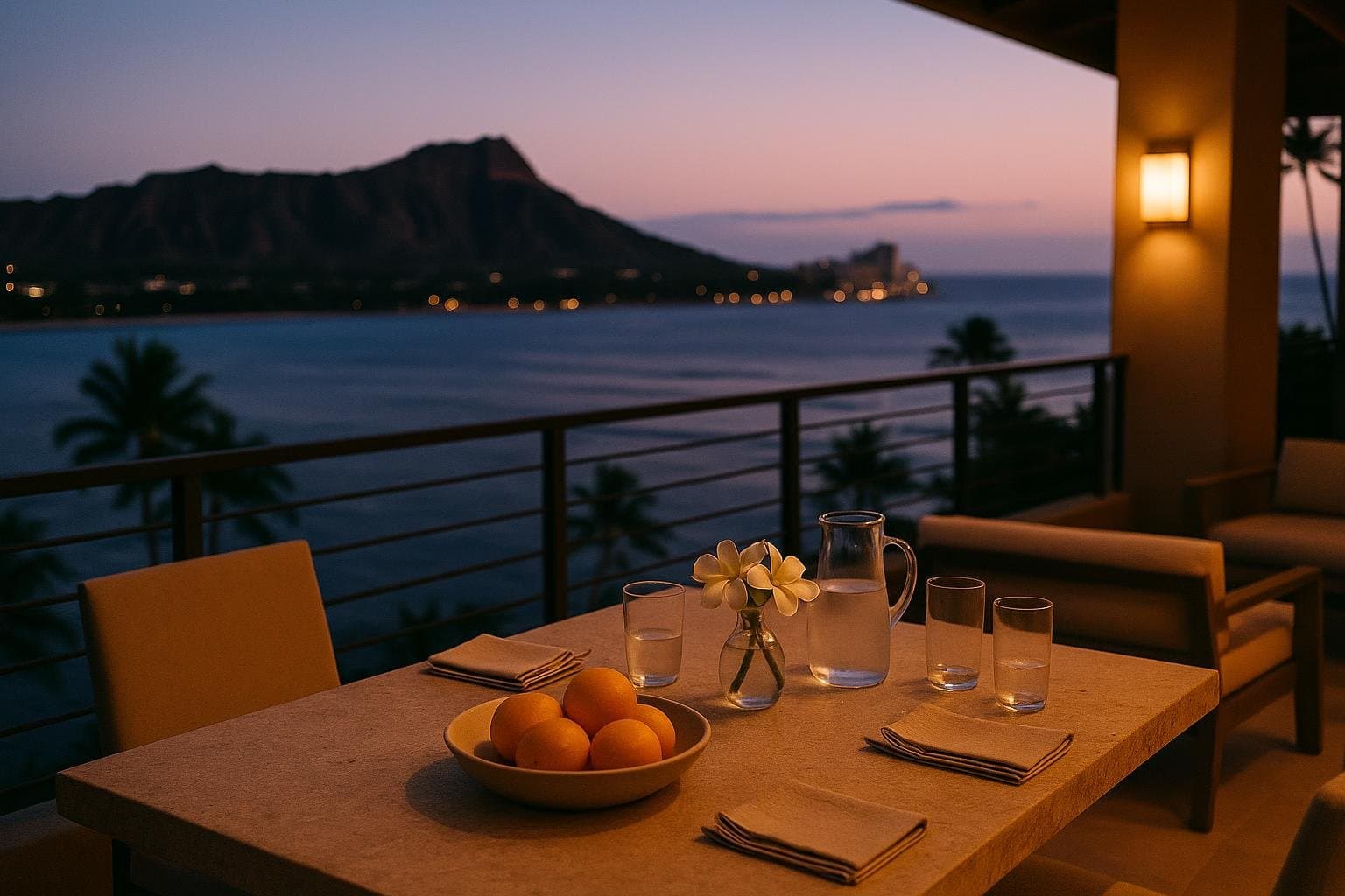 An Oʻahu Gold Coast terrace table at twilight with citrus and plumeria, Diamond Head and the Waikīkī lights beyond.