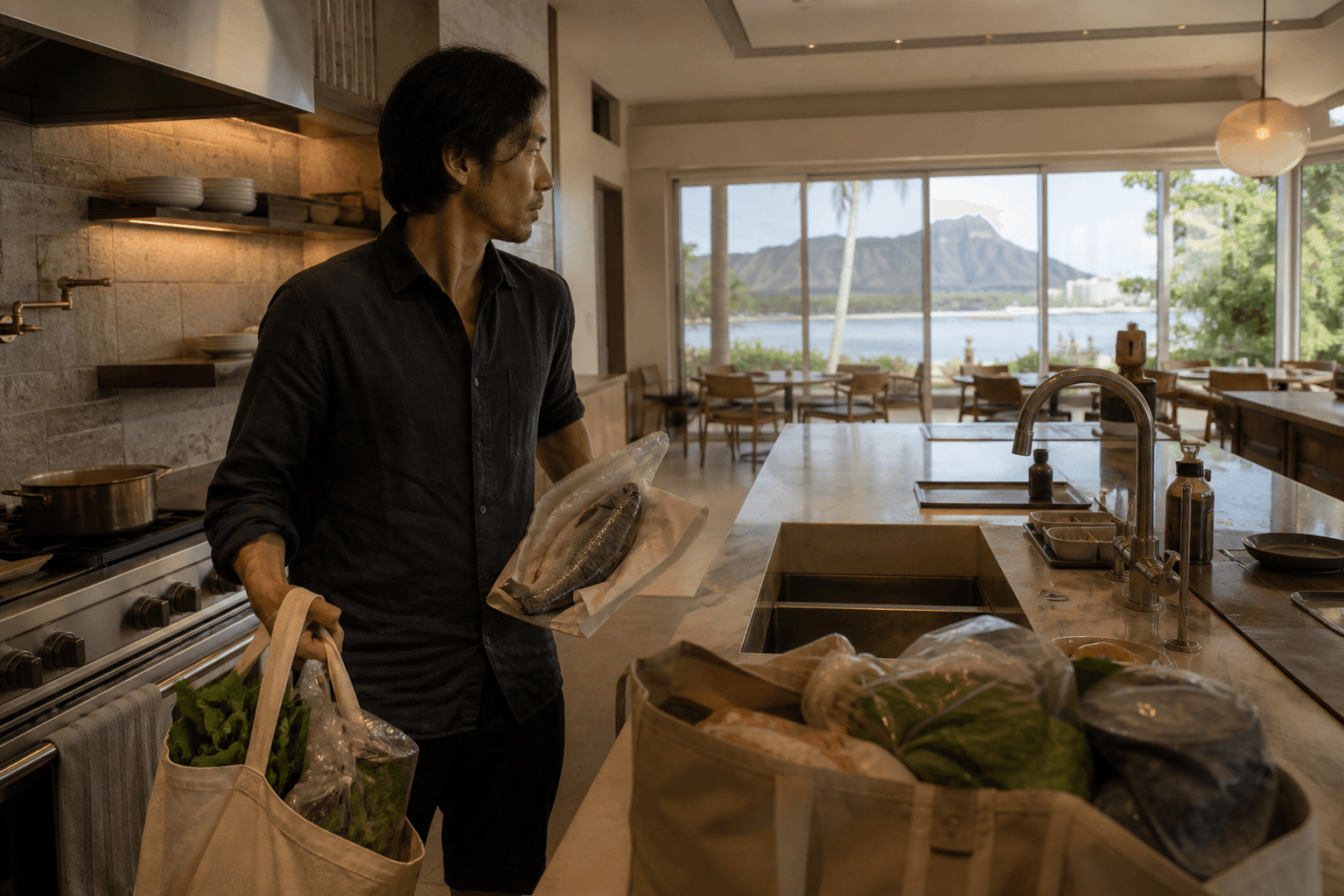 A chef arriving at a Kahala kitchen with grocery totes three hours before service, Diamond Head beyond.