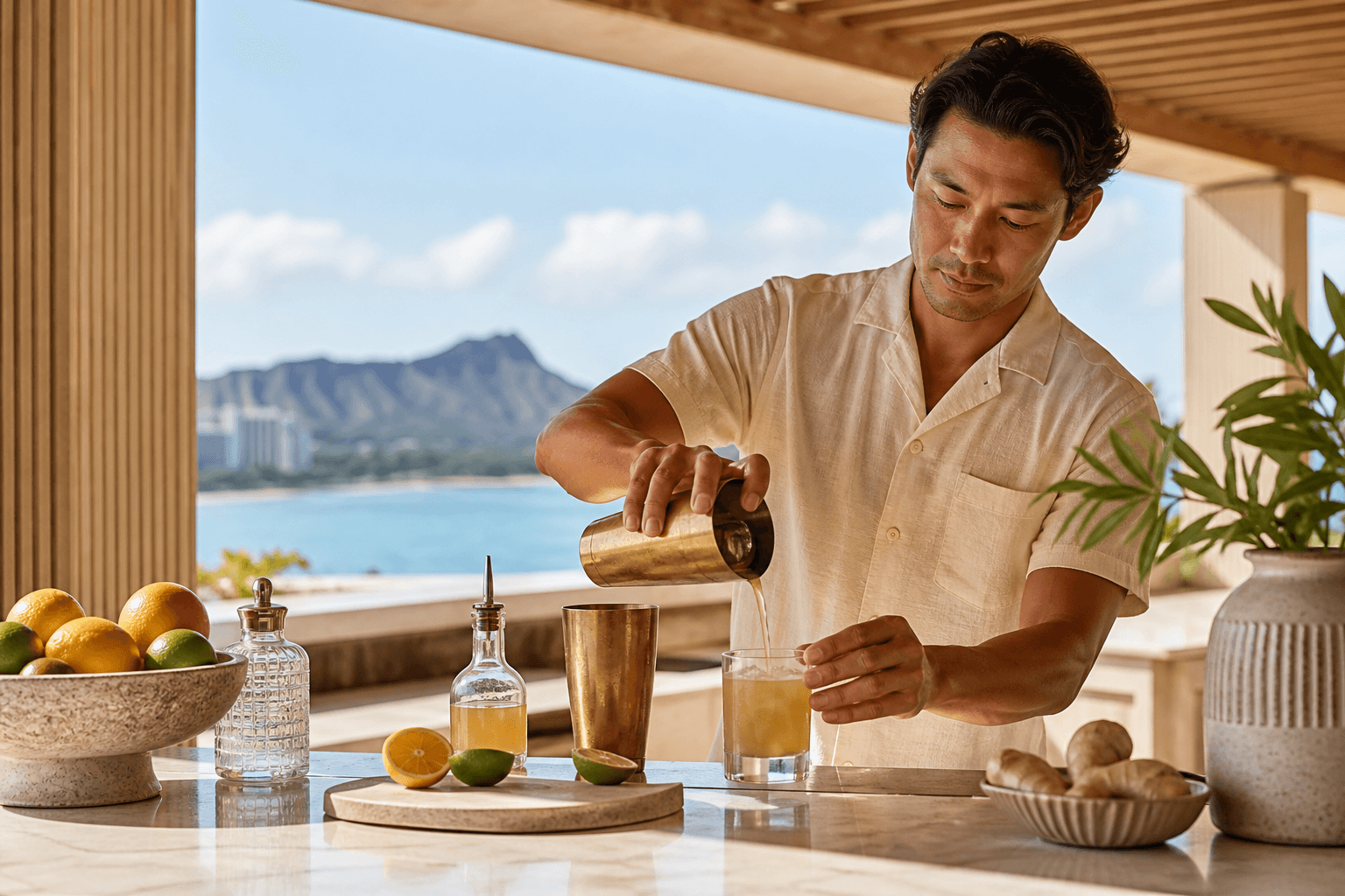 A bartender at a Kahala lānai counter mixing a citrus cocktail, Diamond Head faint, no tiki mug.