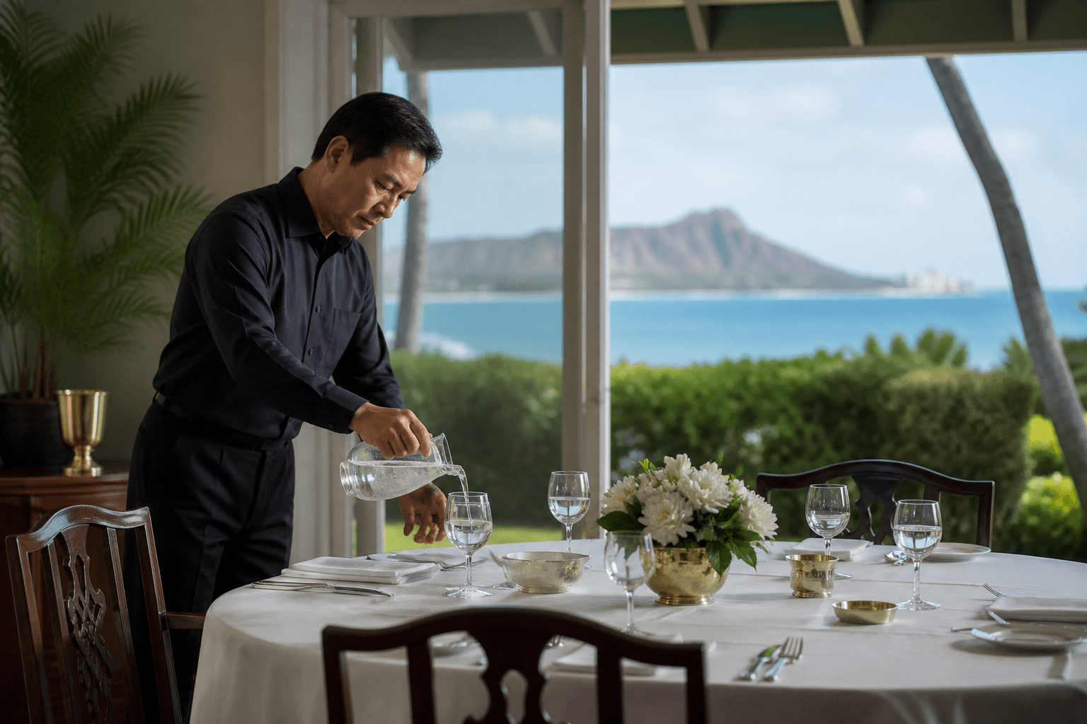A butler pouring water at a Kahala dining table before service, ivory linen, brass.