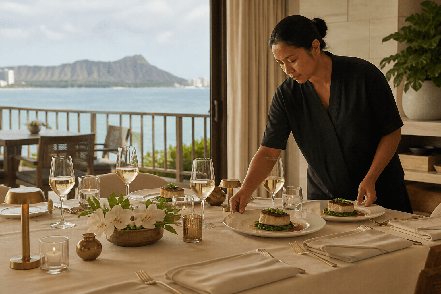 A server setting plated fish at a Kahala dining table, ivory linen, Diamond Head faint.