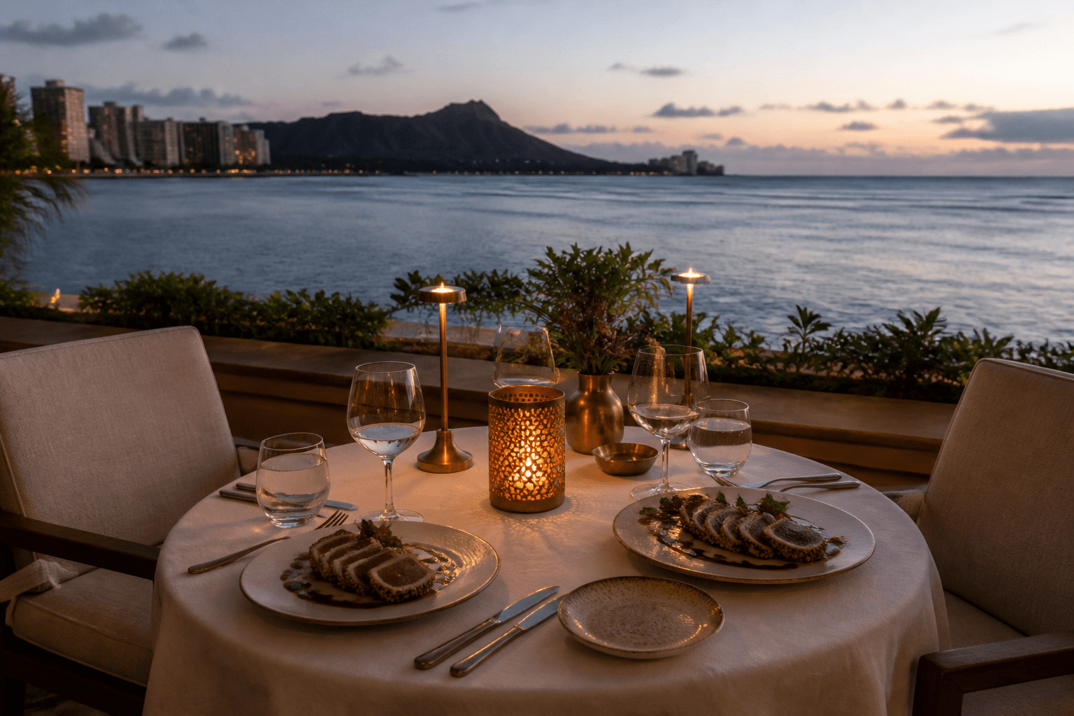 Two seats only on a Kahala lānai at dusk — plated ahi, brass candles, Diamond Head.