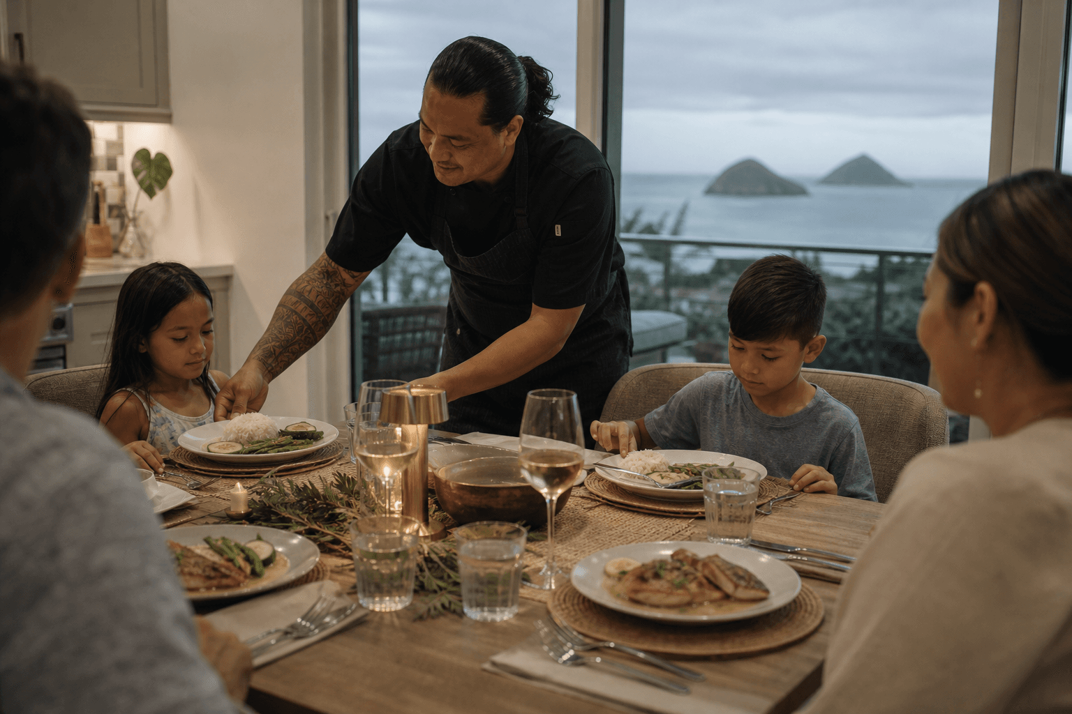 A Kailua family table — adult fish plates beside kids’ plates, Mokulua through the sliders.