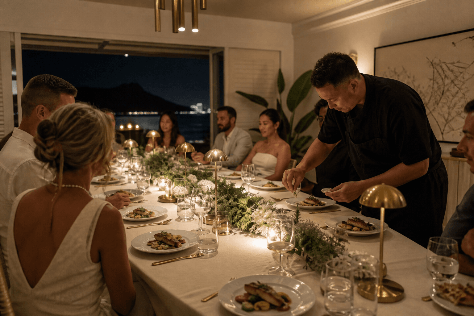 A seated Kahala rehearsal dinner — plated fish, about twelve seats, Diamond Head faint.