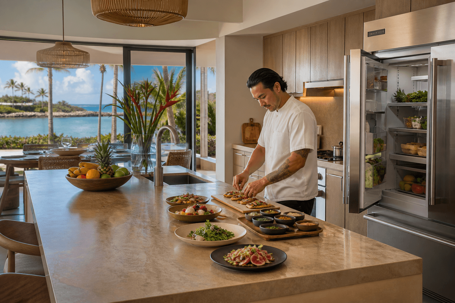 A Ko Olina full-board retreat kitchen — breakfast through dinner mise, lagoon.