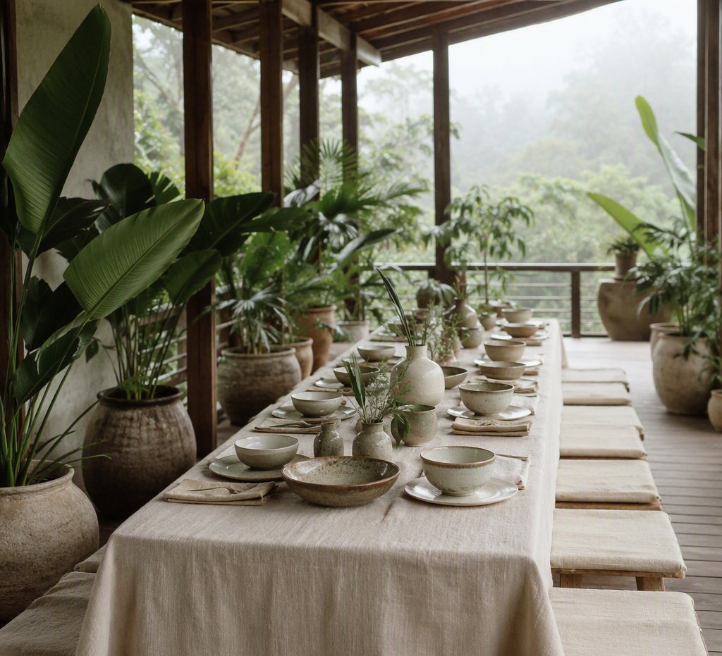 Communal dinner table laid out for a multi-day creative retreat on the North Shore of Kauaʻi